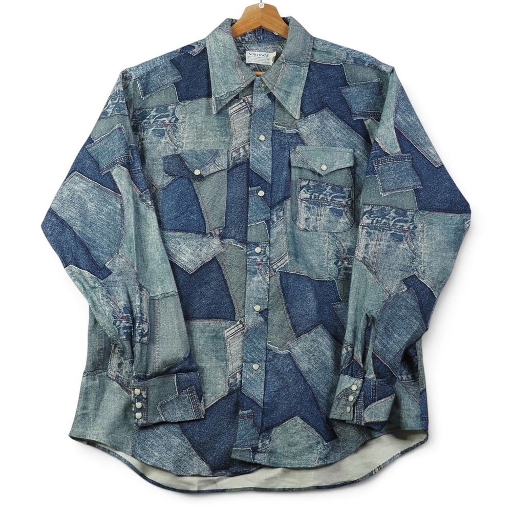 Faux Denim Patchwork Print Mens Western Shirt L Pearl Snap USA 1970s Deadstock